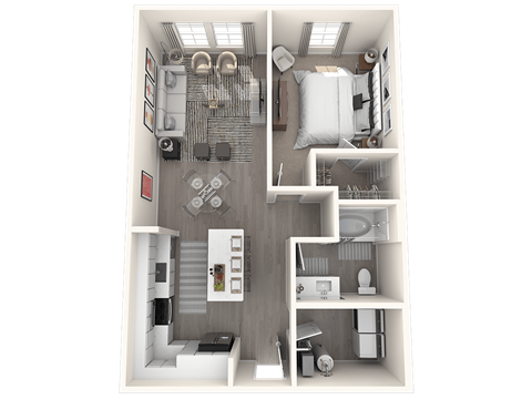 a 3d floor plan of a bedroom and a bathroom